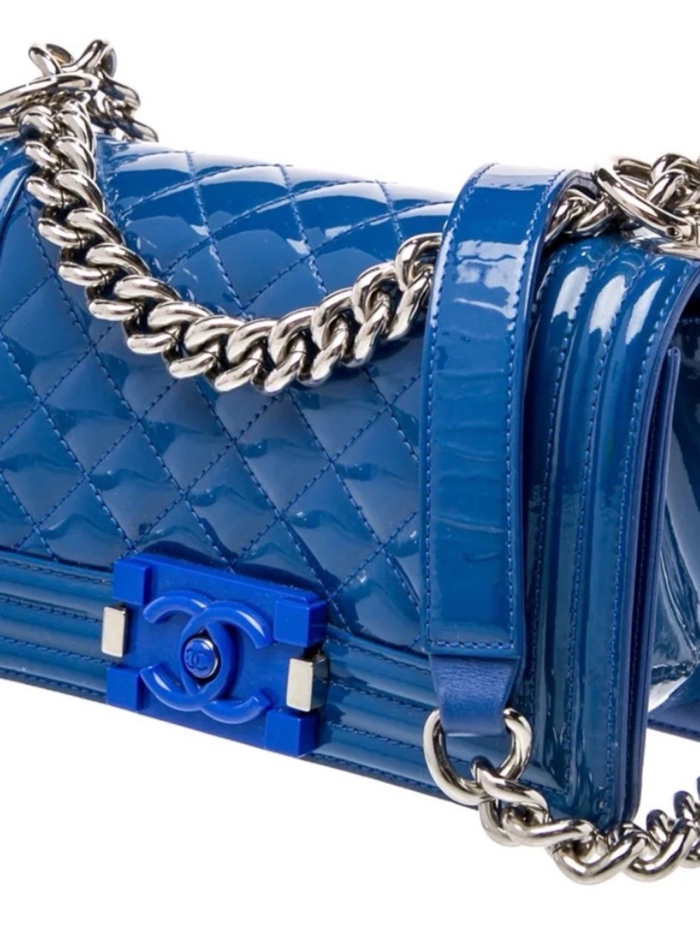 CHANEL 2022 Glossy Patent Quilted Blue Shoulder Bag with Silver Chain